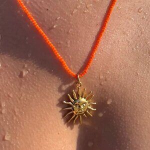 Orange Beaded Necklace Gold Sun Pendant Waterproof Non Tarnish Layering Necklace